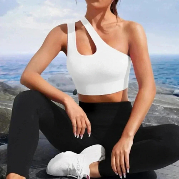 One Shoulder Cut Out Crop Sports Bra athleisure active white - Picture 4 of 5